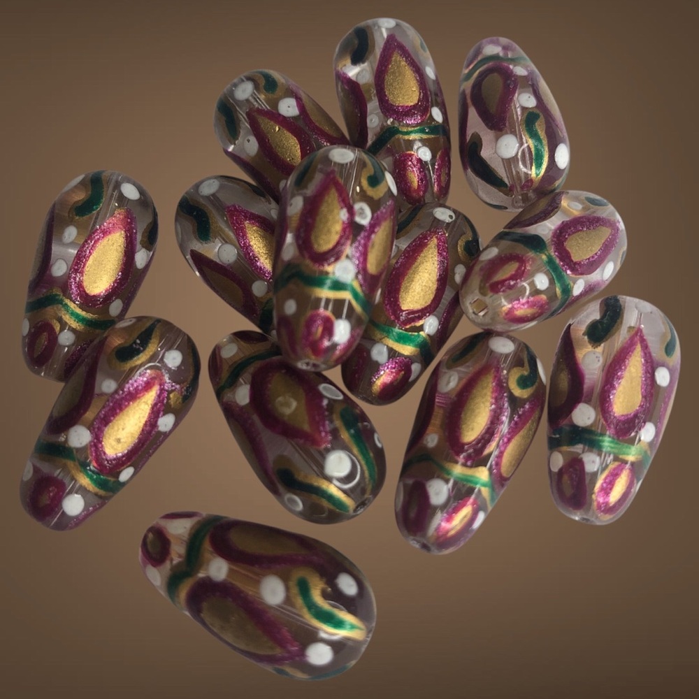 Hand Painted Magenta/Green/Gold Glass Beads 14 pcs